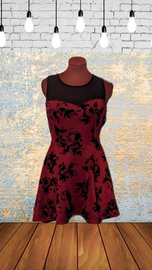 Dark red and black floral dress sheer top